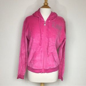 Sweet Tart Barbie Pink Sparkle LOVE Velour Hooded Zip Track Jacket Size XL Retro